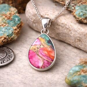 Dahlia Rose Turquoise Pink Statement 925 Silver Pendant Teardrop Cabachon #533